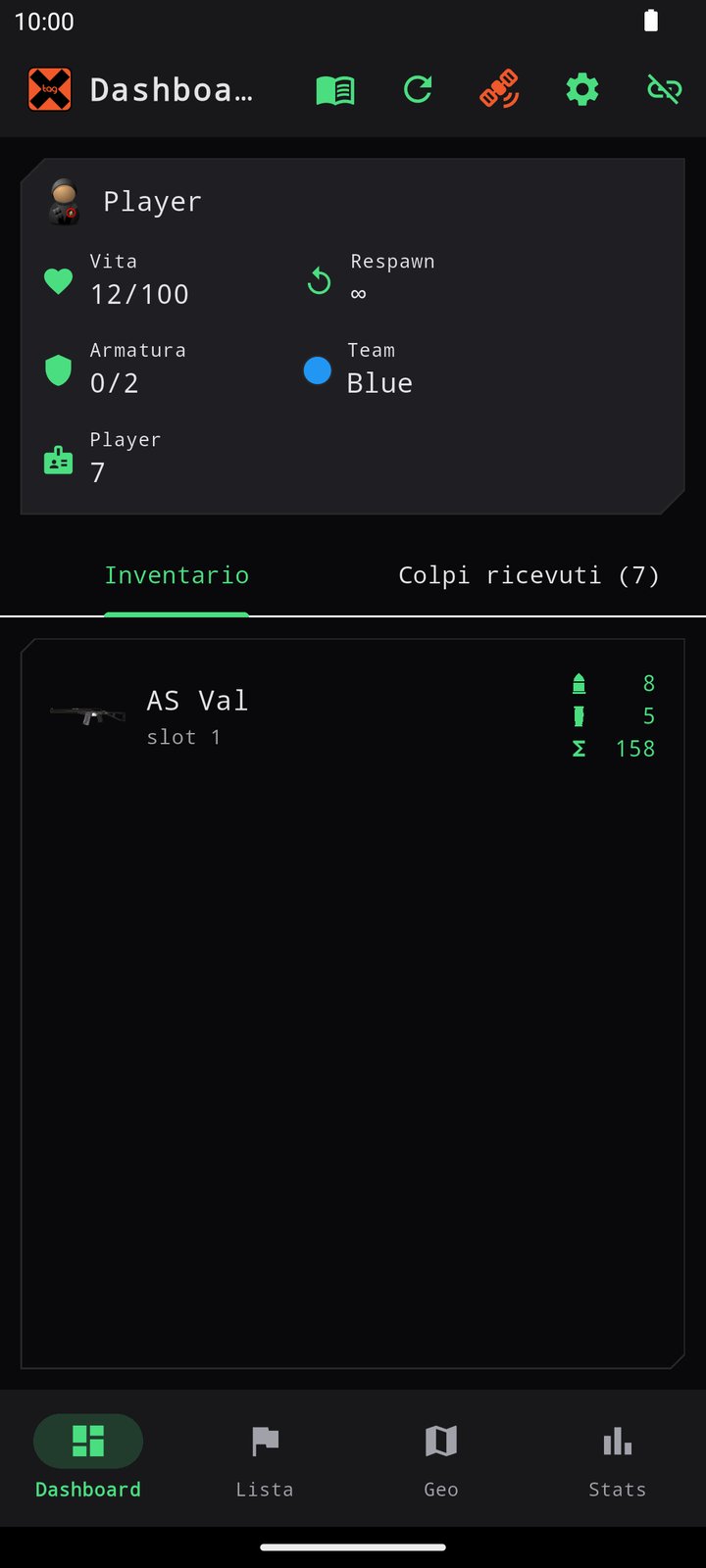 Dashboard dell'app con vita, armatura, squadra e inventario
