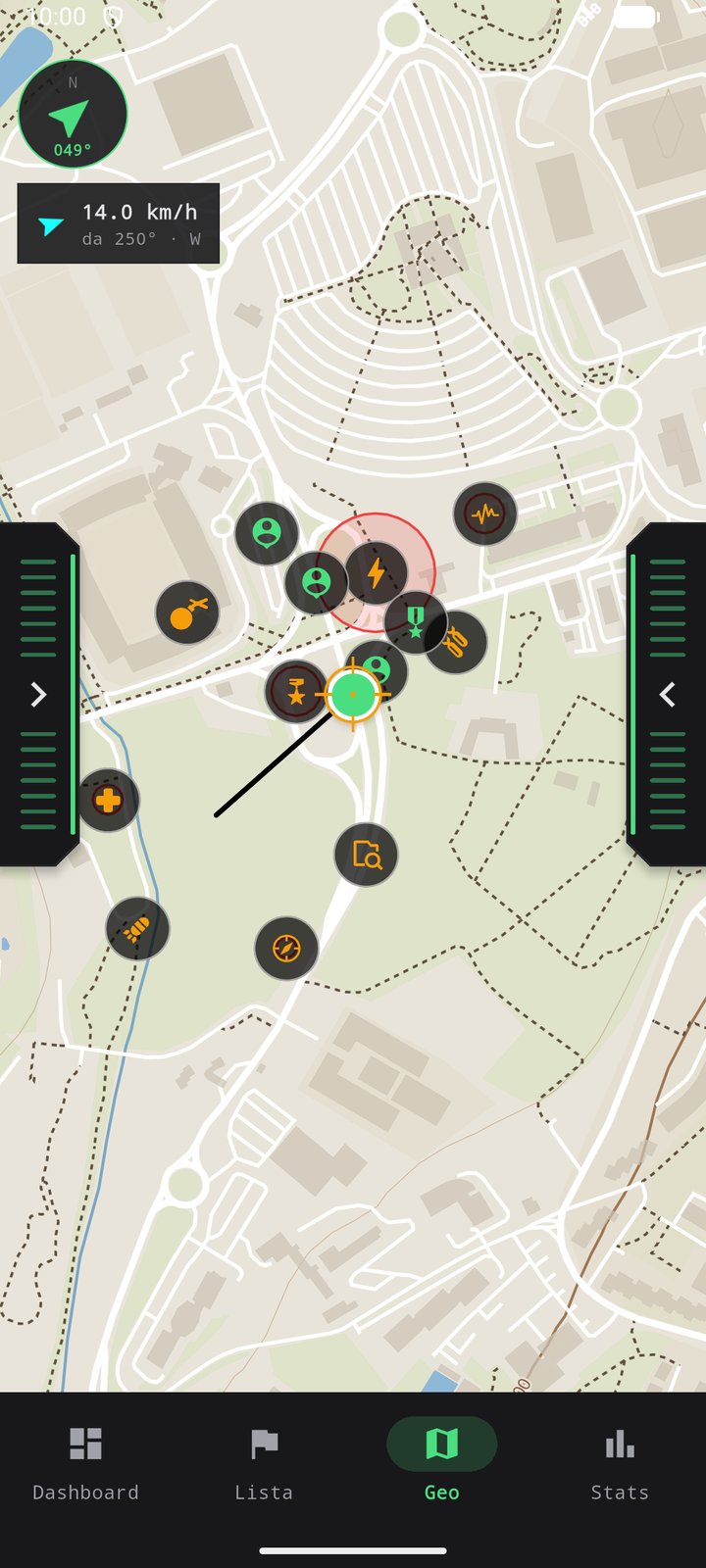 La mappa dell'app con bussola, vento, zone e compagni