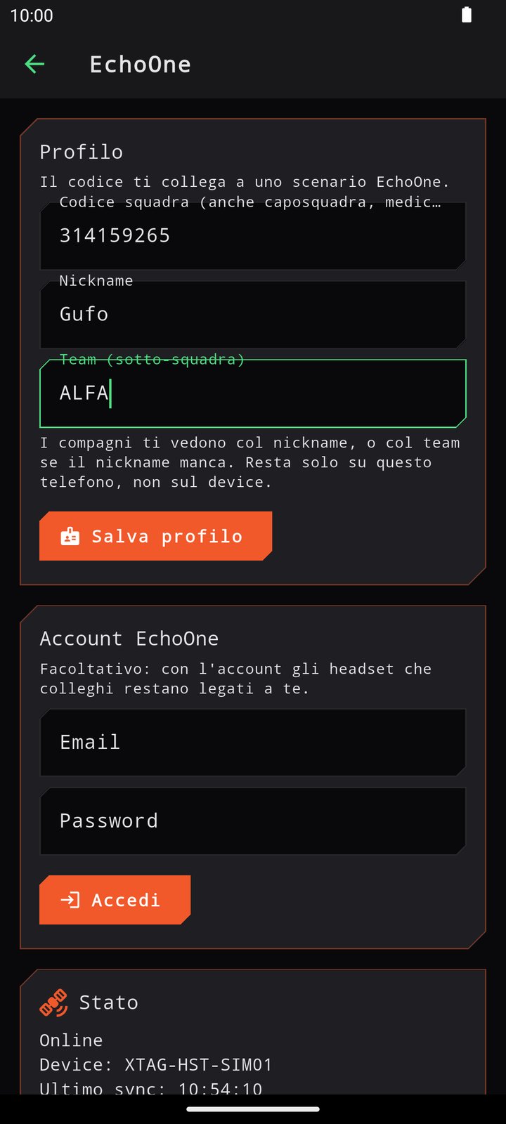 Scheda EchoOne dell'app con stato, profilo e codice squadra