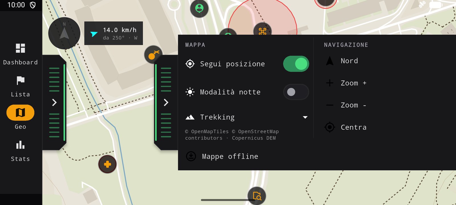 La mappa col telefono in orizzontale e il pannello destro aperto su due colonne