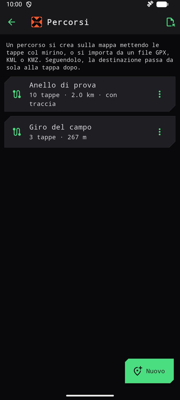 La pagina dei percorsi salvati con il tasto Nuovo