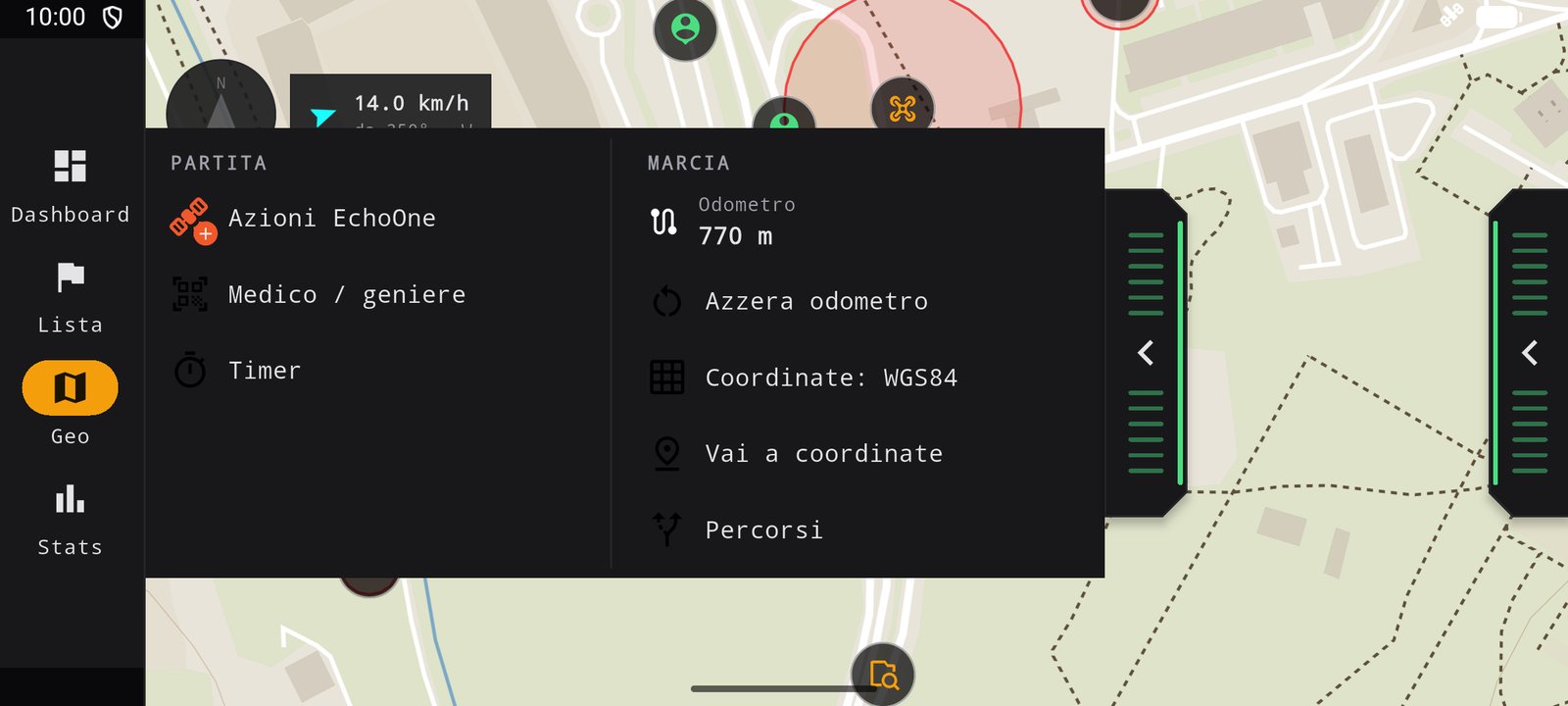 La mappa col telefono in orizzontale e il pannello sinistro aperto su due colonne