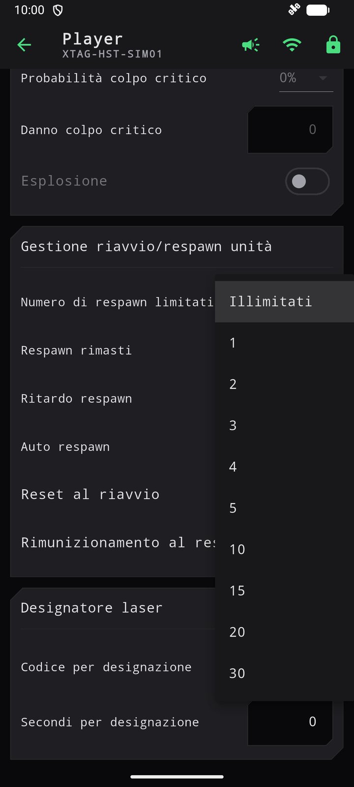 Il menu dei respawn limitati aperto