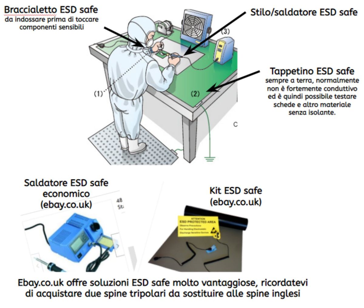 Postazione ESD safe: braccialetto, tappetino e saldatore collegati a terra, con un saldatore economico e un kit ESD