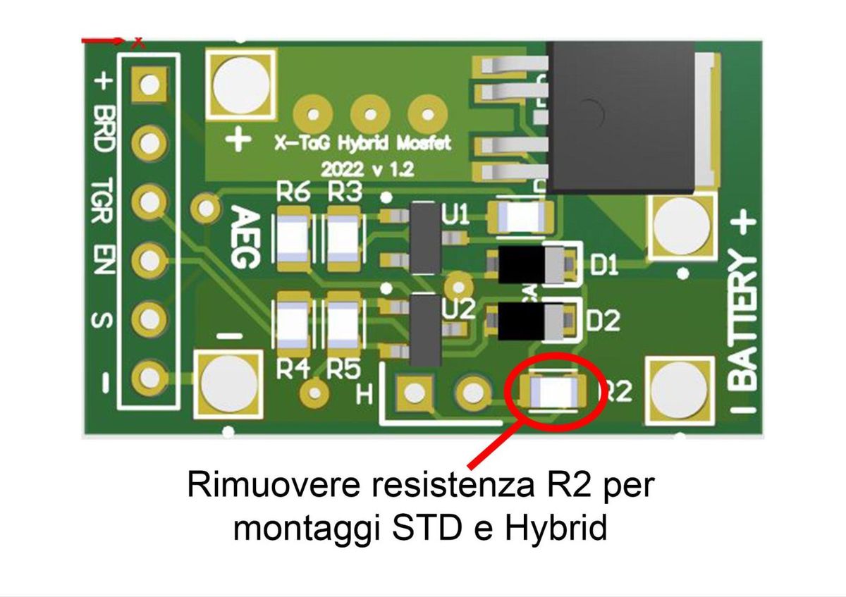 Hybrid MOSFET 2022 v1.2 con la resistenza R2 cerchiata in rosso