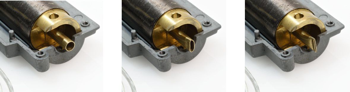 Tre teste cilindro: di serie, tubetto schiacciato giusto, tubetto schiacciato troppo