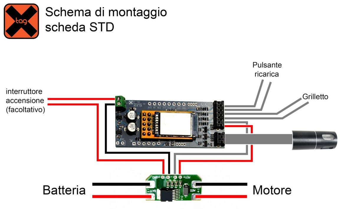 Schema di montaggio della scheda STD precedente, col MOSFET fra batteria e motore