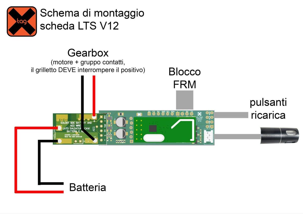 Schema di montaggio della scheda LTS V12: il gruppo contatti del grilletto deve interrompere il positivo