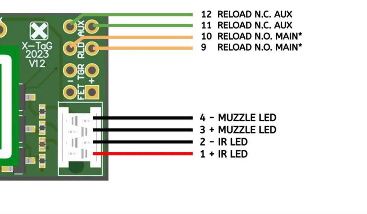 Piedinatura della scheda LTS V12: reload, muzzle LED e IR LED