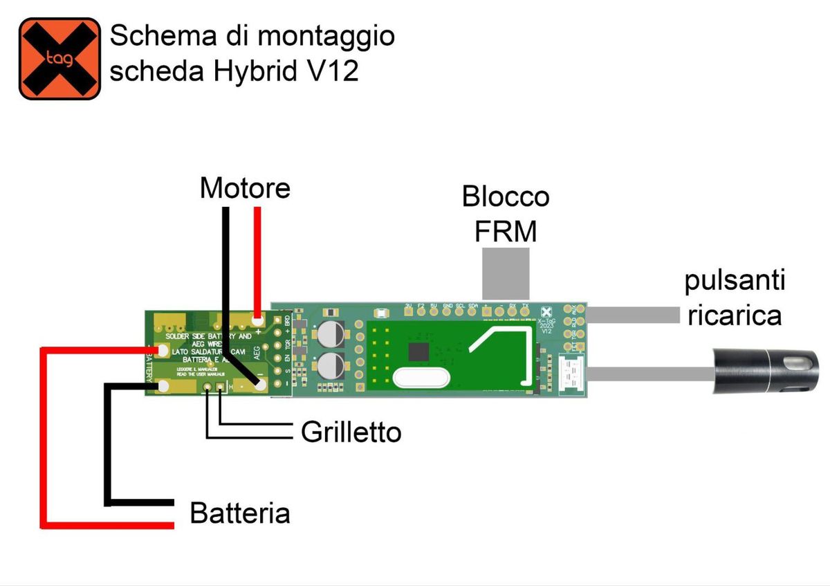 Schema di montaggio della scheda Hybrid V12: motore, grilletto, batteria, blocco FRM e pulsanti di ricarica