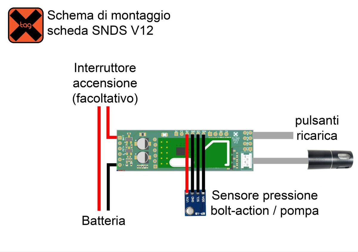 Schema di montaggio della scheda SNDS V12 col sensore di pressione per bolt action e pompa